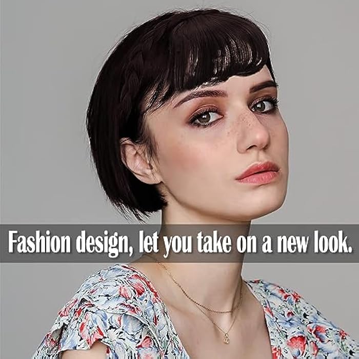 Goodern Front Bangs Fringe Extensions Headband - Fashion Women Braided Hoop Natural Synthetic Wig Bang Hairpieces Daily Wear Fake Forehead Hair Headband for Women Girls - Black - Image 2